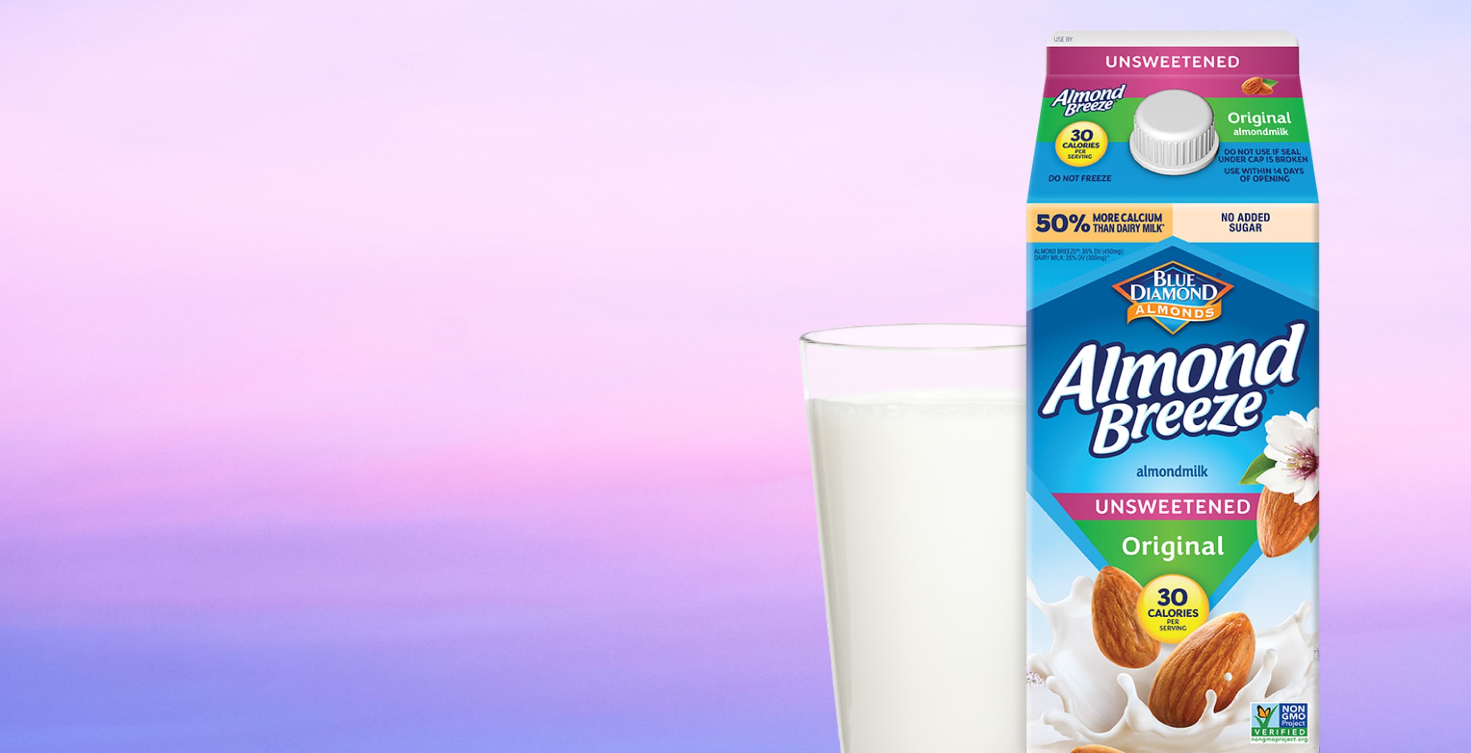 Glass of Almond Breeze almond milk and carton