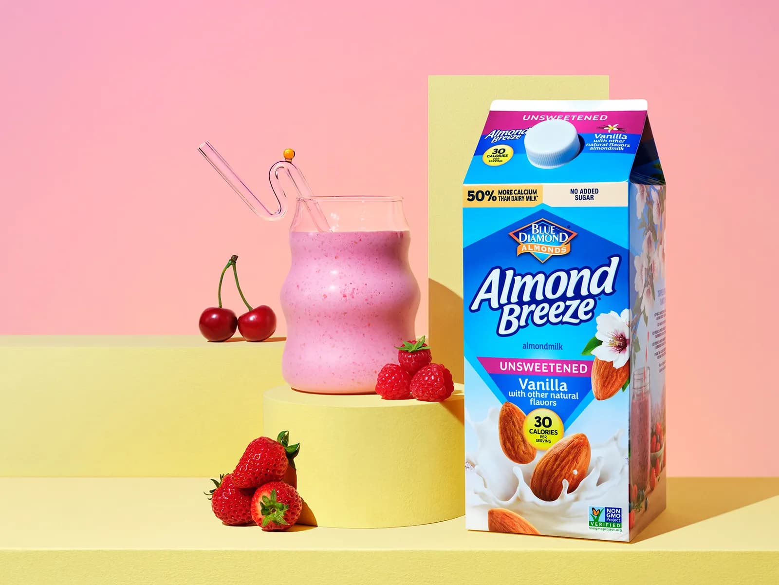 Almond Breeze carton next to glass