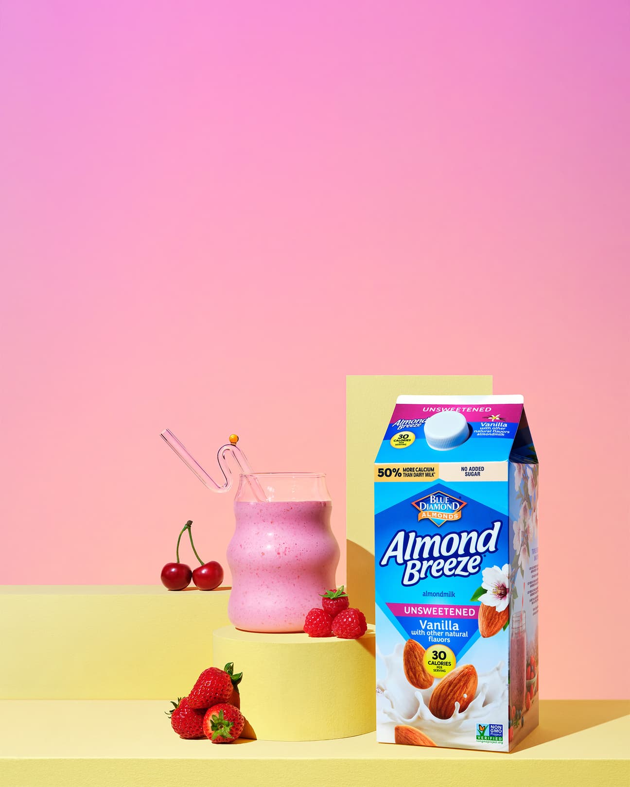AlmondBreeze carton next to glass of smoothie