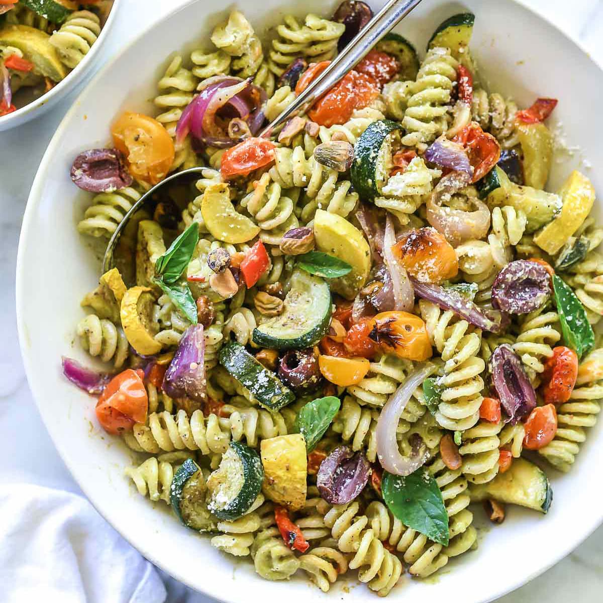 Creamy Avocado Pesto Pasta Salad with Roasted Vegetables