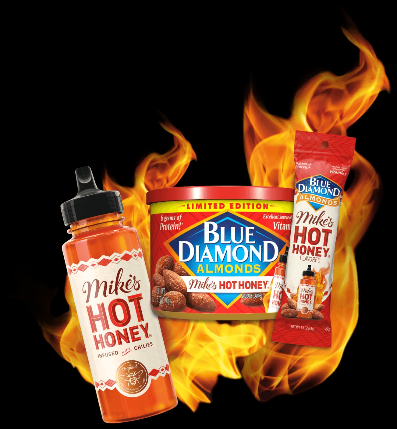 Mike's Hot Honey and Blue Diamond Almonds come together in a sweet and spicy mixture